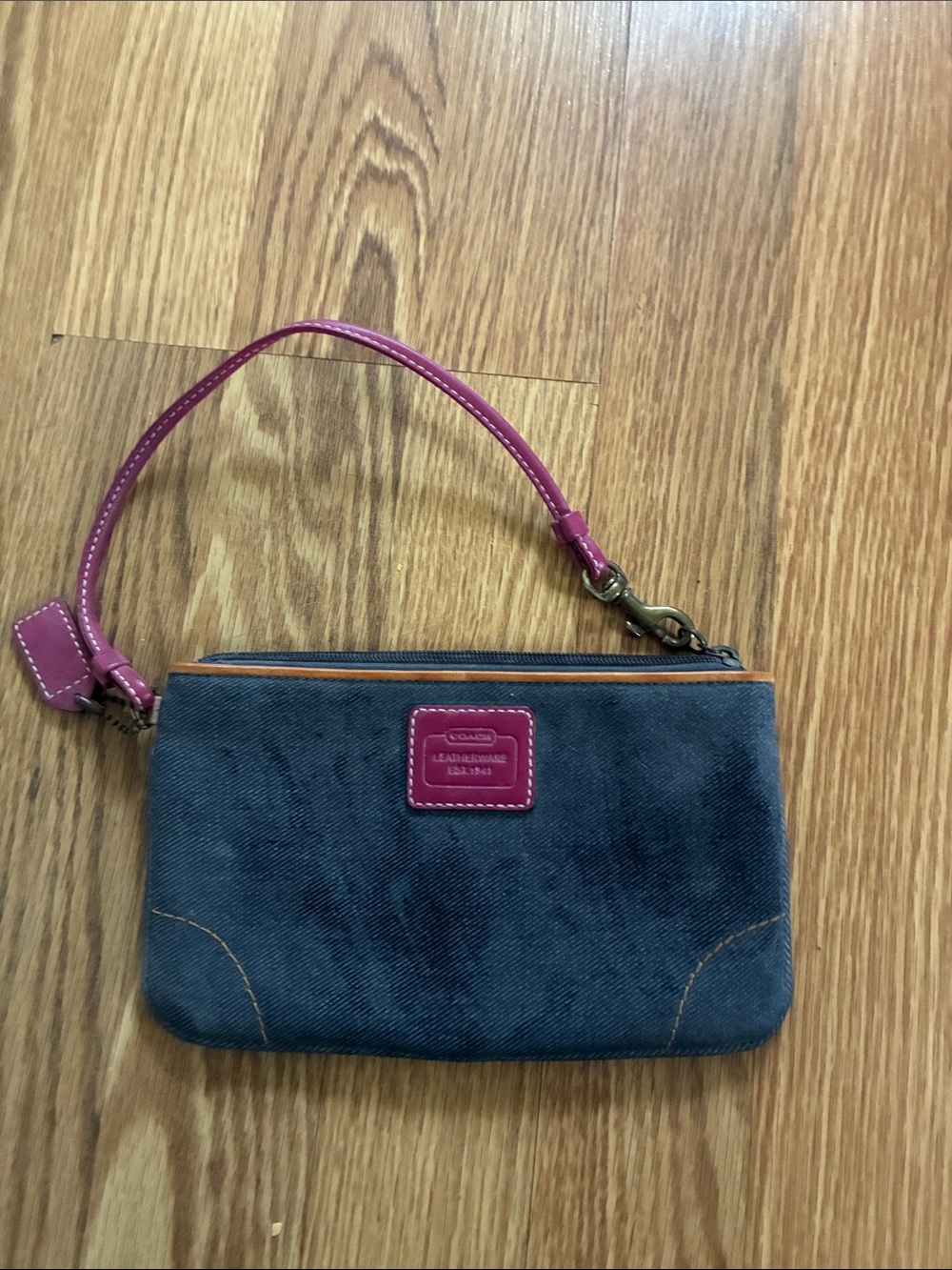 Coach Denim Wristlet with Pink Trim and Tan Accent